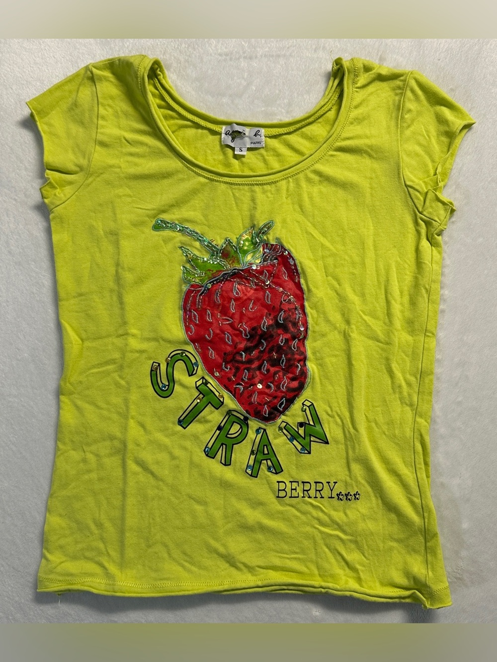 Y2K PARIS women's lime green sequin embroidered strawberry baby tee, S.
